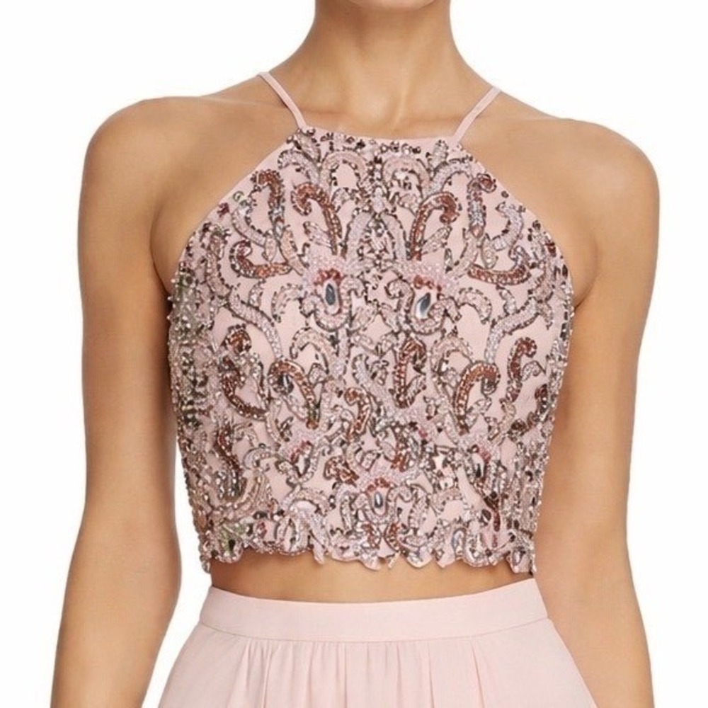 Blush Pink Prom Formal Beaded Crop Top Halter Sequin Lace Up Back Size 2